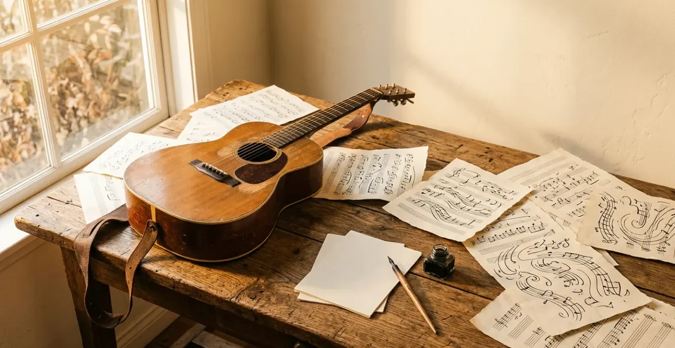 Musician composing with flowing musical notation representing creative acceleration through theory