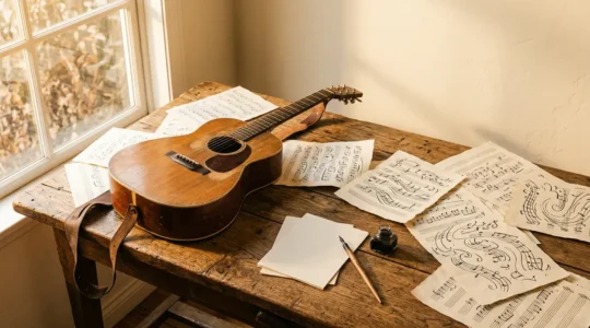 Musician composing with flowing musical notation representing creative acceleration through theory