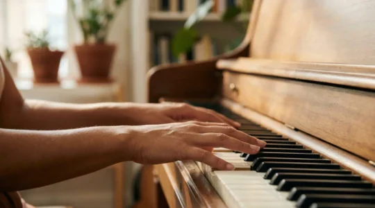 Close-up of relaxed hands on piano keys in natural light, capturing emotional connection with music