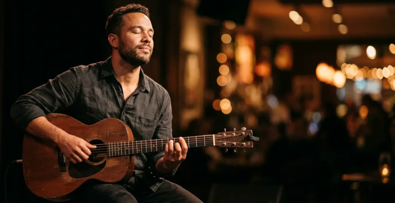Close-up of musician's hands flowing across instrument fretboard during live improvisation session