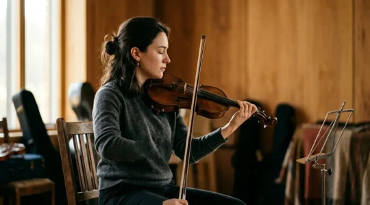 Professional musician demonstrating optimal ergonomic posture while performing with relaxed shoulders and aligned wrist position
