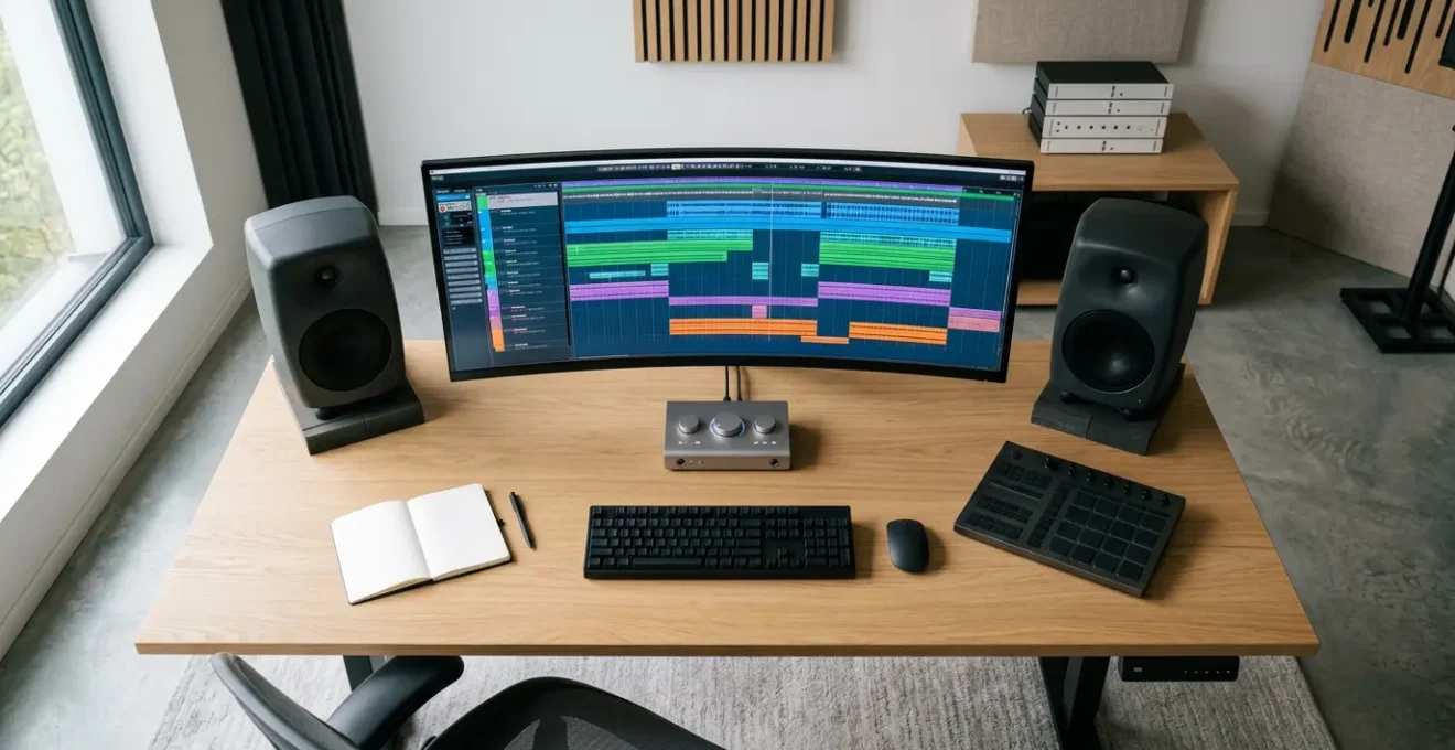 Professional music producer managing complex digital audio workstation session with organized track layout