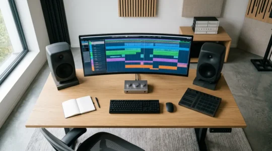 Professional music producer managing complex digital audio workstation session with organized track layout