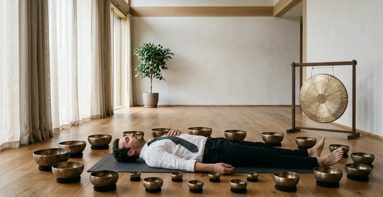 High-stress professional lying down in serene environment during therapeutic sound bath session with resonant instruments