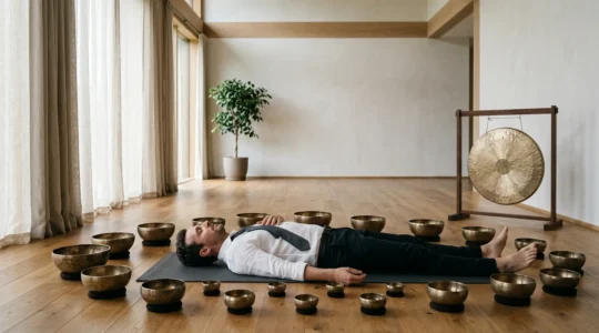 High-stress professional lying down in serene environment during therapeutic sound bath session with resonant instruments