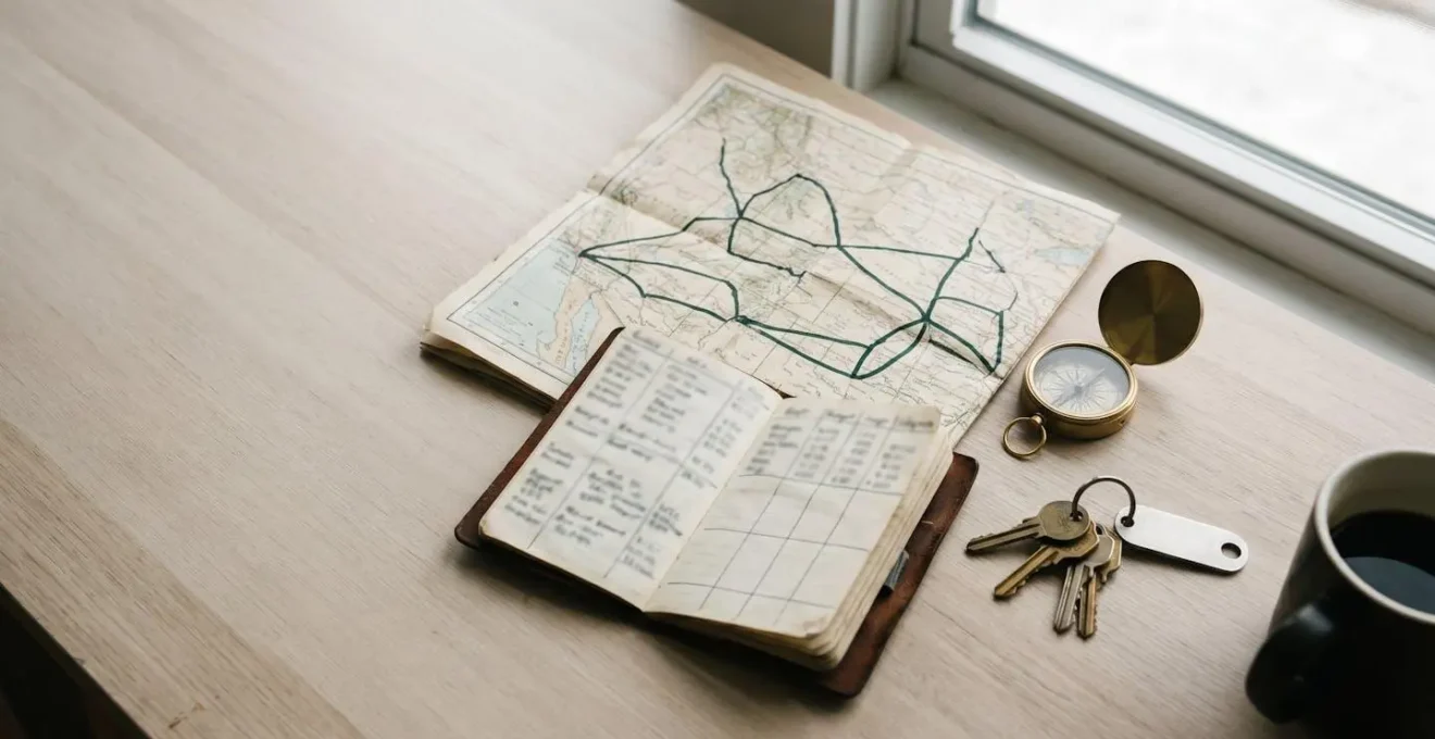 Independent musician planning a profitable tour route with financial documents and road map