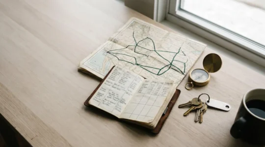 Independent musician planning a profitable tour route with financial documents and road map