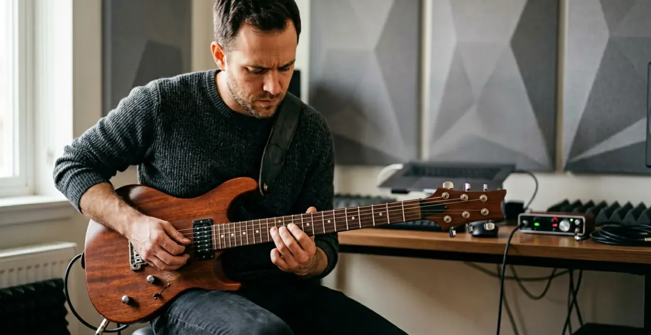 Professional musician recording remotely in a home studio setup