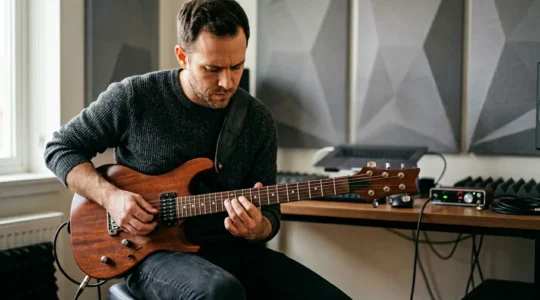 Professional musician recording remotely in a home studio setup