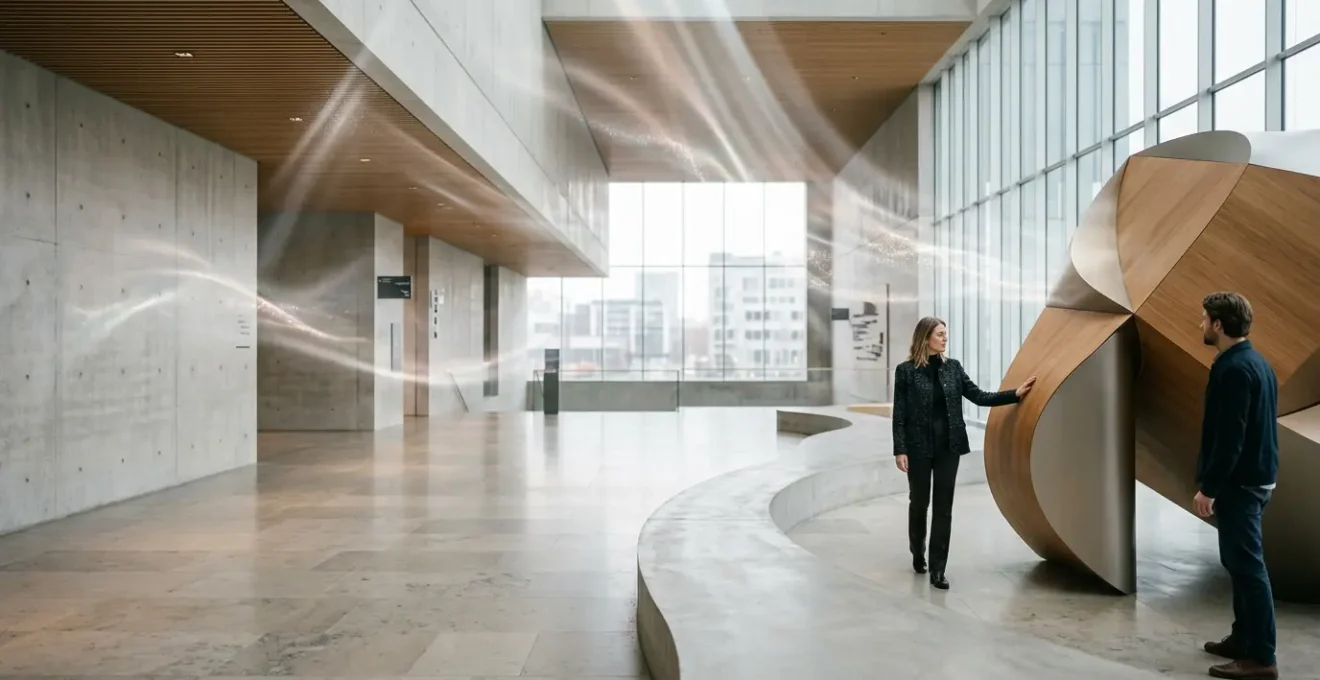 Immersive public sound installation with sculptural acoustic elements in urban plaza