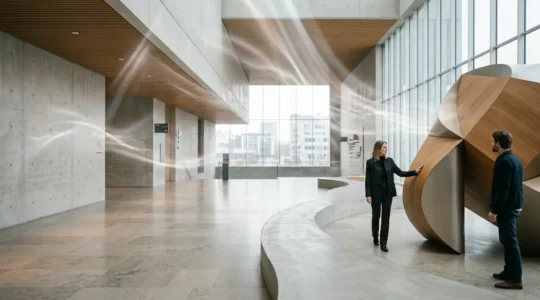 Immersive public sound installation with sculptural acoustic elements in urban plaza