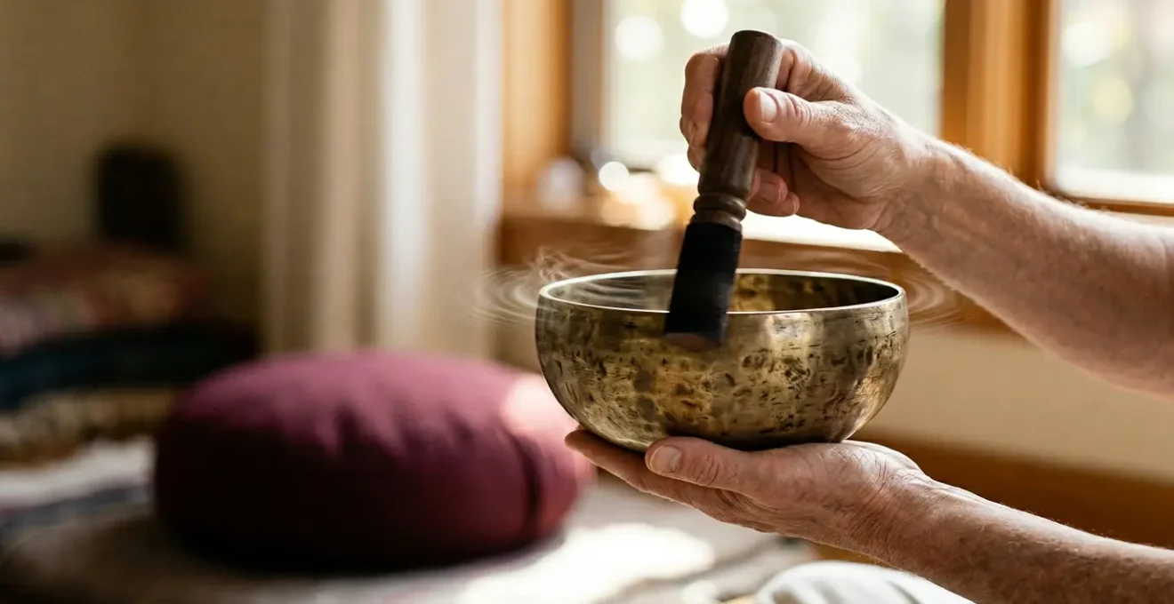 Close-up photograph of a meditation practitioner's hands holding a Tibetan singing bowl with a wooden mallet, capturing the moment of sound creation in a serene meditation space