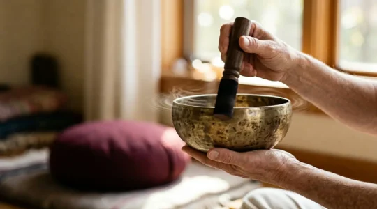 Close-up photograph of a meditation practitioner's hands holding a Tibetan singing bowl with a wooden mallet, capturing the moment of sound creation in a serene meditation space