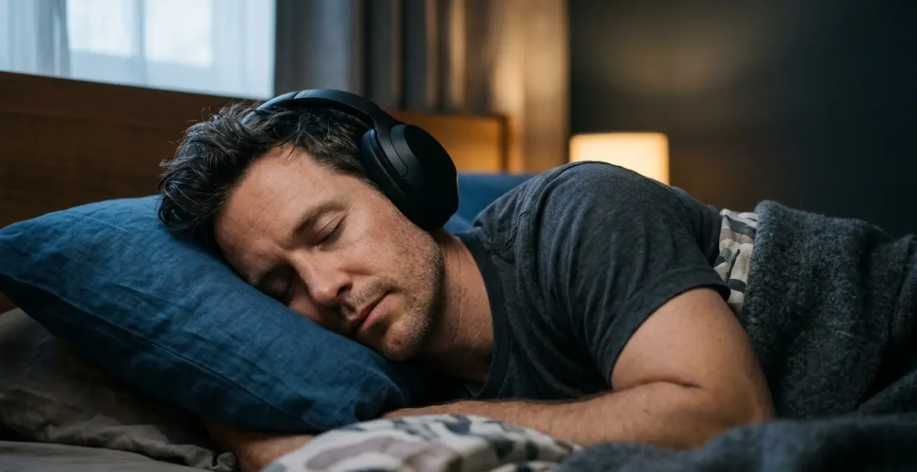 Person wearing stereo headphones in dim ambient light experiencing deep restorative sleep with peaceful facial expression