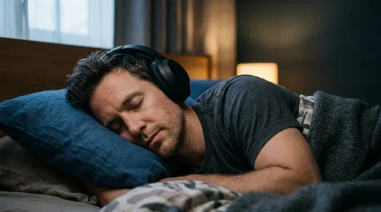 Person wearing stereo headphones in dim ambient light experiencing deep restorative sleep with peaceful facial expression