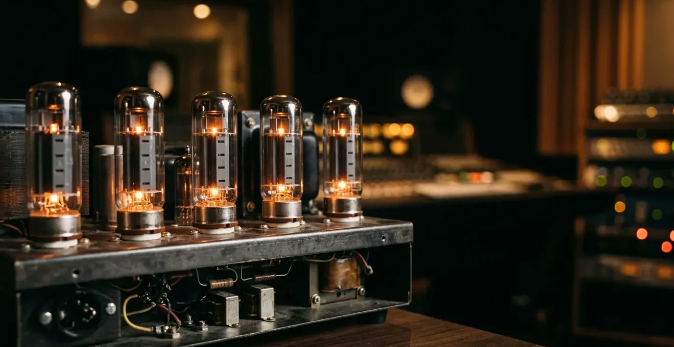Close-up view of glowing vacuum tubes in a guitar amplifier with warm orange filaments and soft ambient lighting