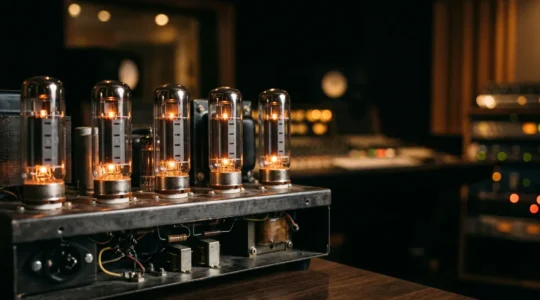 Close-up view of glowing vacuum tubes in a guitar amplifier with warm orange filaments and soft ambient lighting