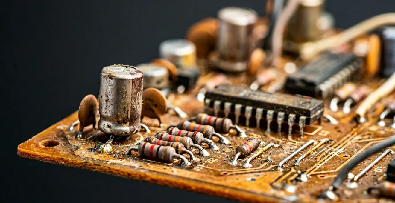 Close-up of aging vintage synthesizer circuit board showing electronic components and potential failure points