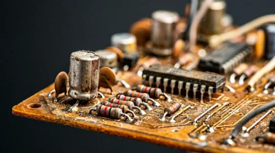 Close-up of aging vintage synthesizer circuit board showing electronic components and potential failure points