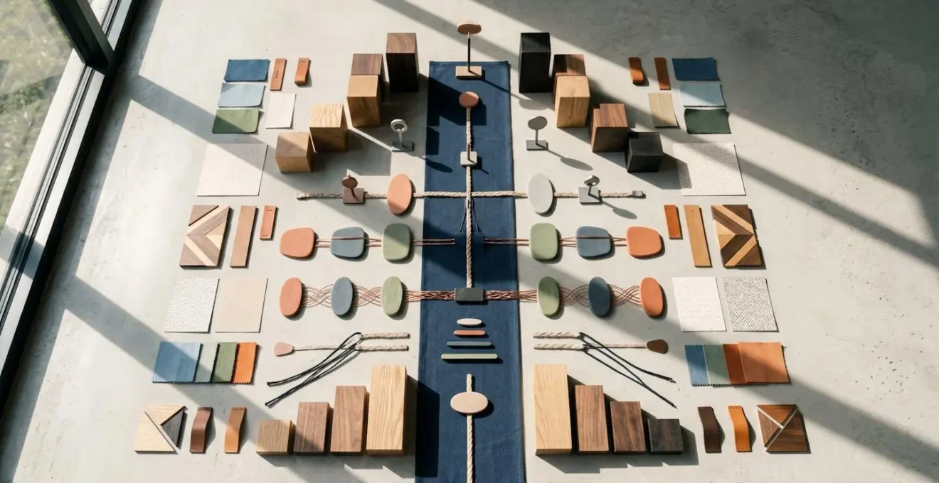 Overhead wide-angle view of organized creative workspace with strategic planning materials arranged systematically
