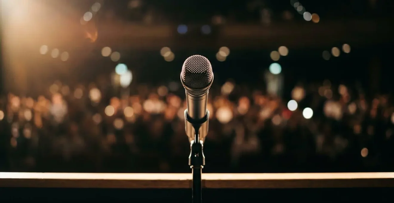Stage-edge condenser microphone positioned toward audience creating connection between performers and crowd