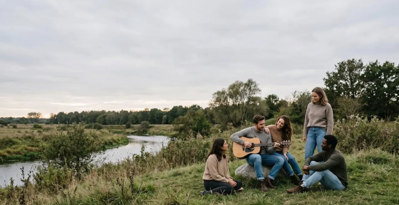Wide environmental shot of authentic artist-audience connection in natural setting emphasizing genuine human interaction beyond digital algorithms