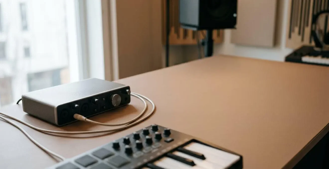 Studio workspace showing audio interface settings adjustment for low-latency recording workflow