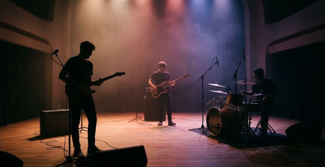 Band members positioned in dynamic triangle formation across full stage depth creating visual scale