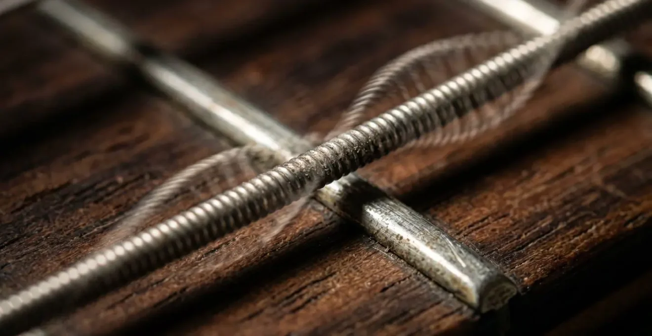Macro detail of bass guitar string vibration showing harmonic overtone character