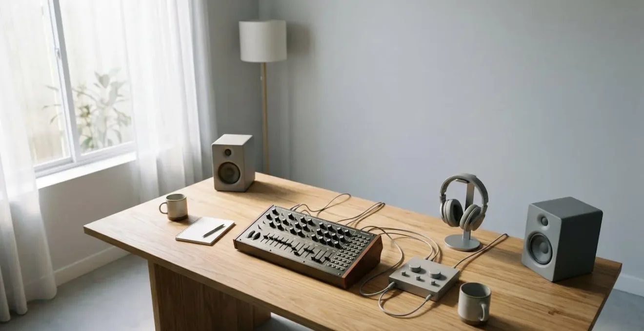 Modern music production studio showing synthesizer workflow integration with audio interface and DAW setup