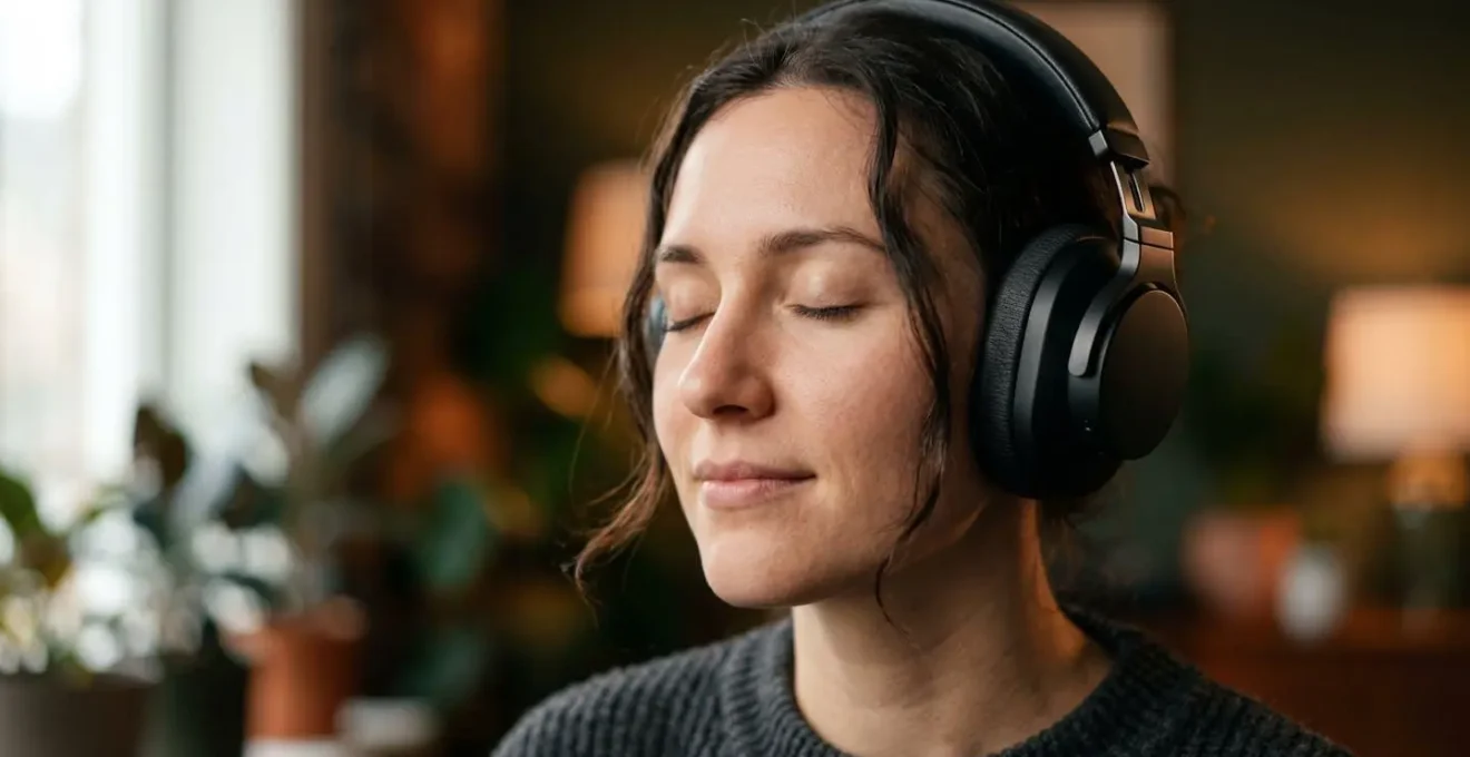 Close-up portrait of a person wearing high-fidelity headphones with eyes closed in concentrated listening
