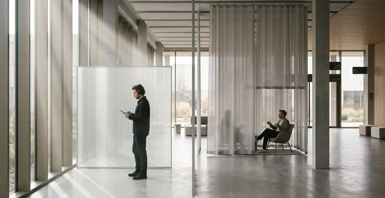 Directional acoustic zones visualized through light and shadow in minimalist architectural space