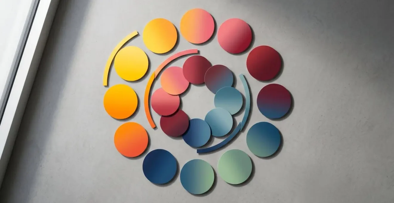 Symbolic arrangement showing color palette gradients aligned with musical emotion concepts in studio lighting
