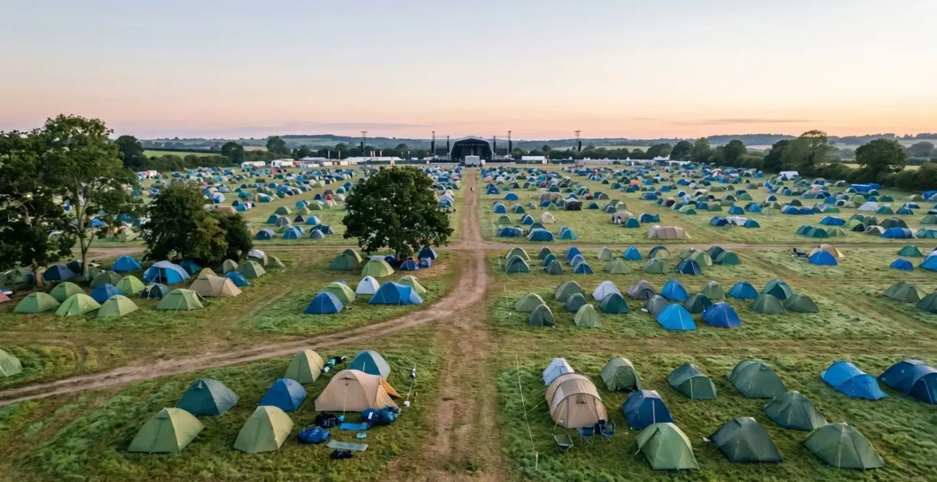 Wide view of strategic tent placement at festival campground showing distance from main stages and natural shade