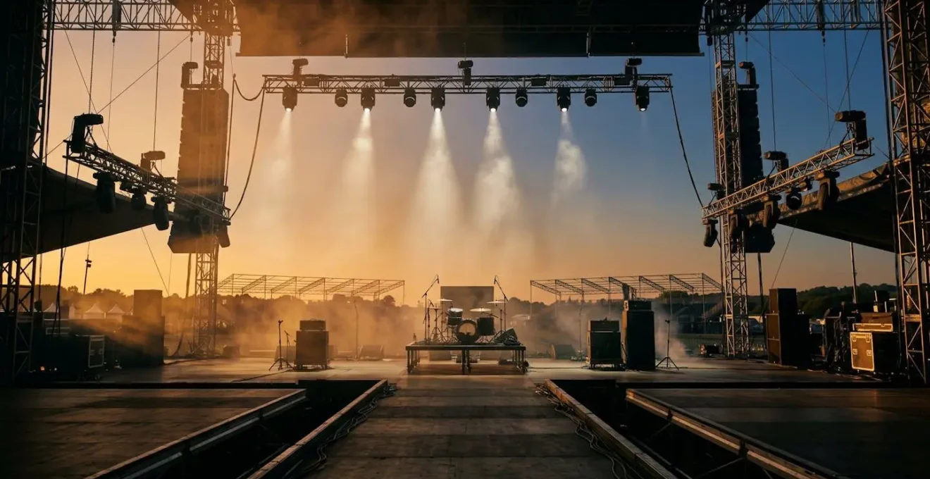 Symbolic representation of festival stage presence through dramatic lighting and empty performance space at golden hour
