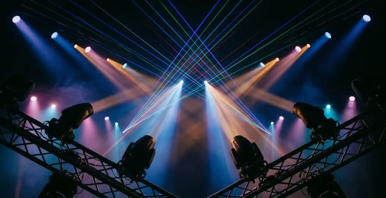 Close-up of concert lighting fixtures and laser beams creating geometric patterns through atmospheric haze