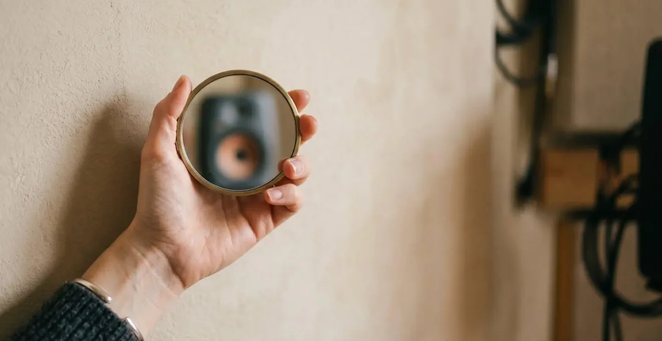 Hand holding small mirror against side wall revealing speaker reflection during acoustic treatment planning