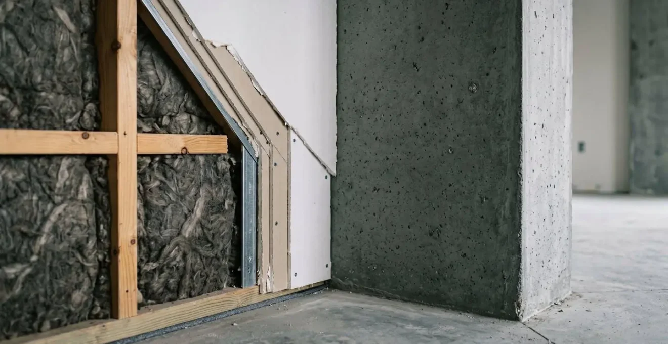 Cross-section view of apartment wall assembly showing sound waves bypassing through floor and ceiling structure