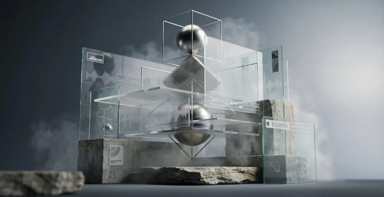 Abstract visualization of generative audio patterns with flowing geometric forms and subtle variations