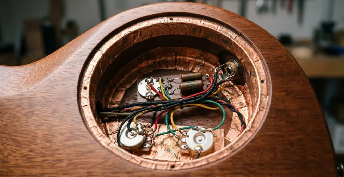 Guitar electronics cavity showing proper copper tape shielding installation creating electromagnetic interference protection