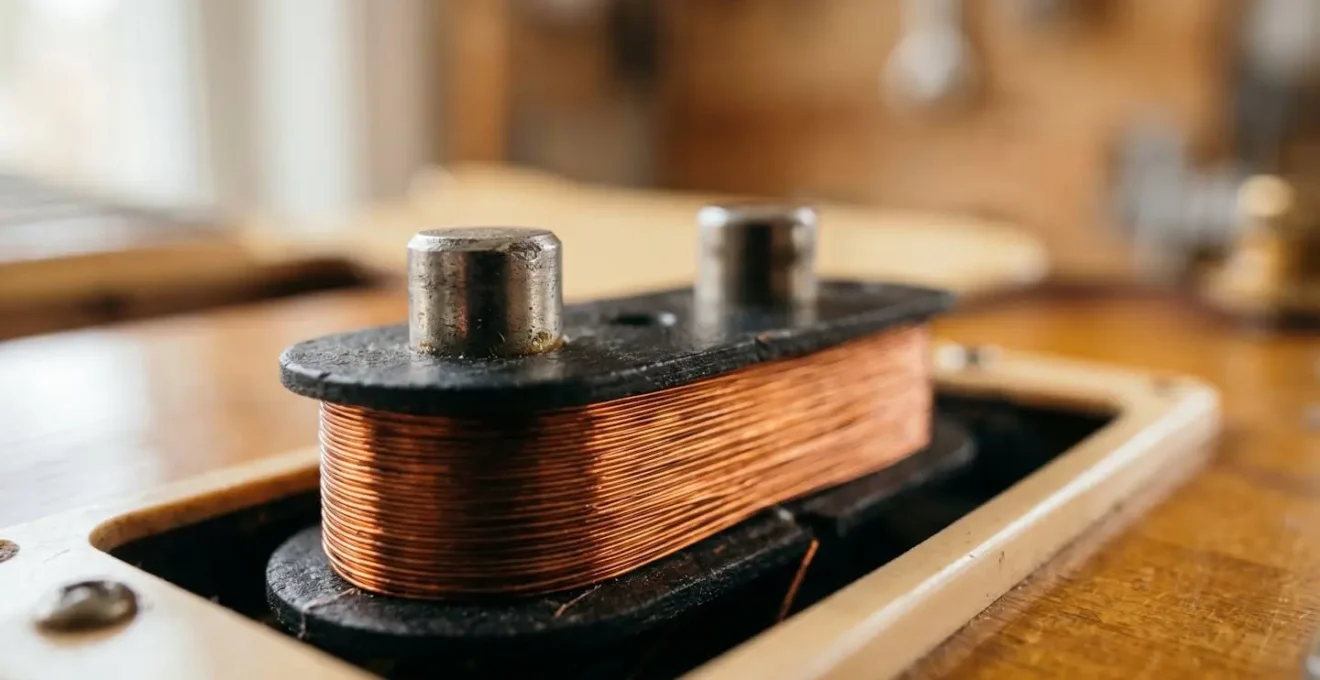 Close-up view of guitar pickup components showing magnet structure and coil winding details