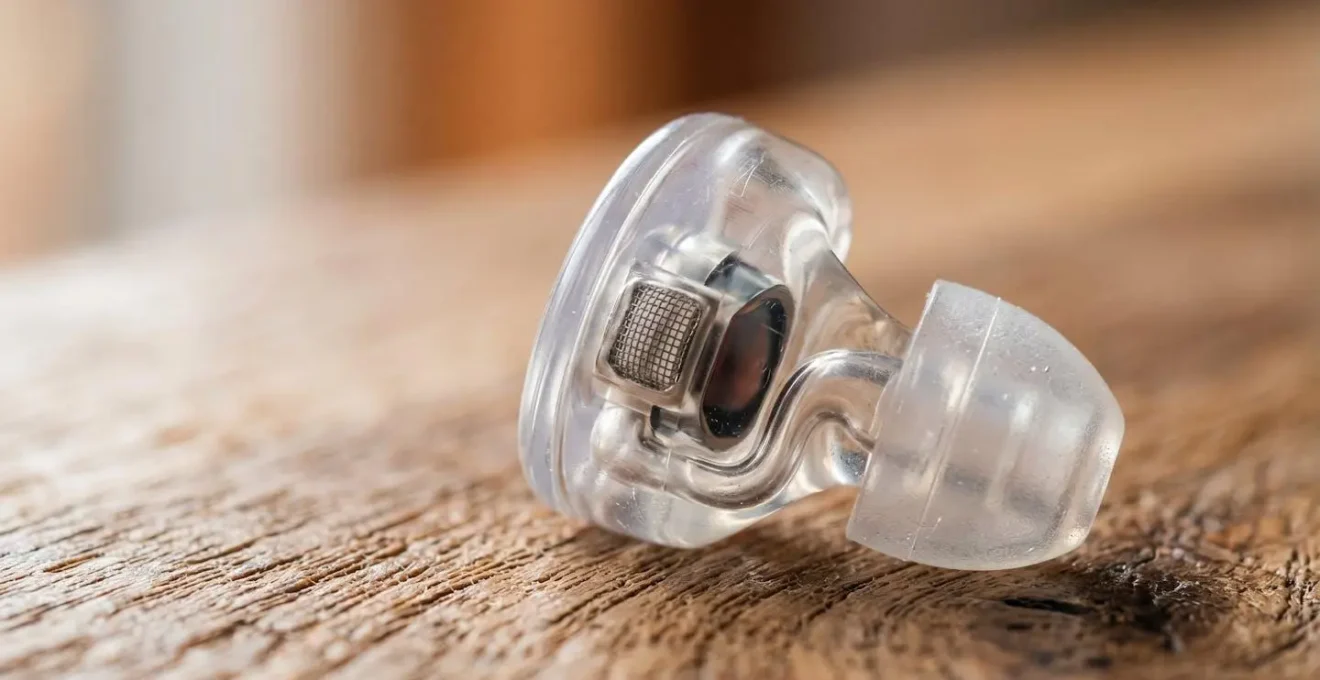 Extreme close-up of high-fidelity music earplug showing acoustic filter detail and premium material texture