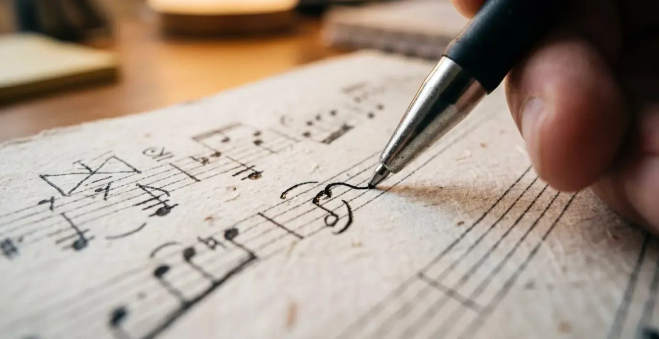 Close-up of hands writing musical notation in a notebook with mindmap connections and timestamps