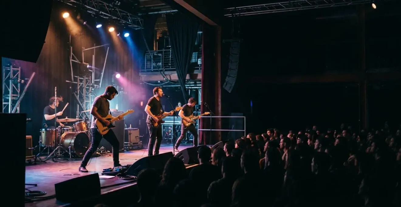 Wide environmental shot of band performing with focused energy on stage