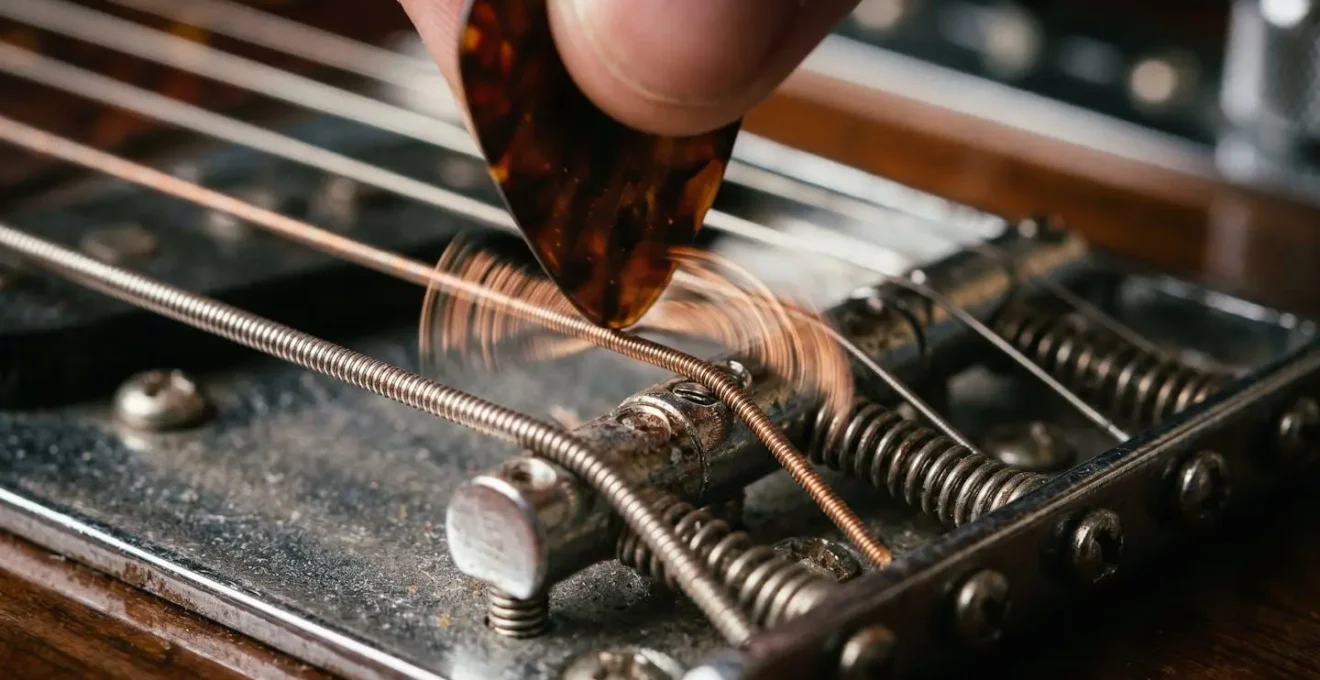 Extreme close-up macro photograph of electric guitar strings mid-vibration capturing the transient attack with shallow depth of field