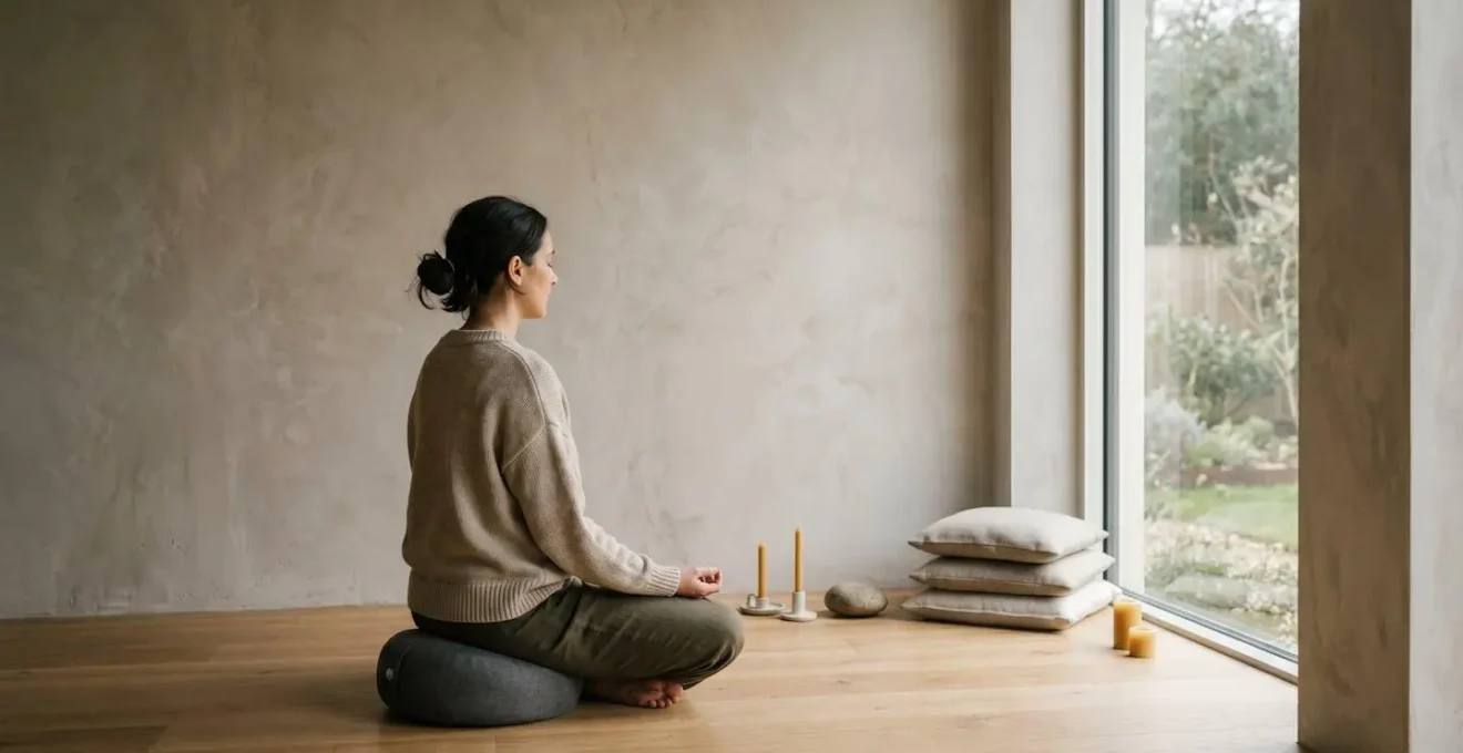 Minimalist meditation space with person preparing for mindful listening session in serene candlelit environment