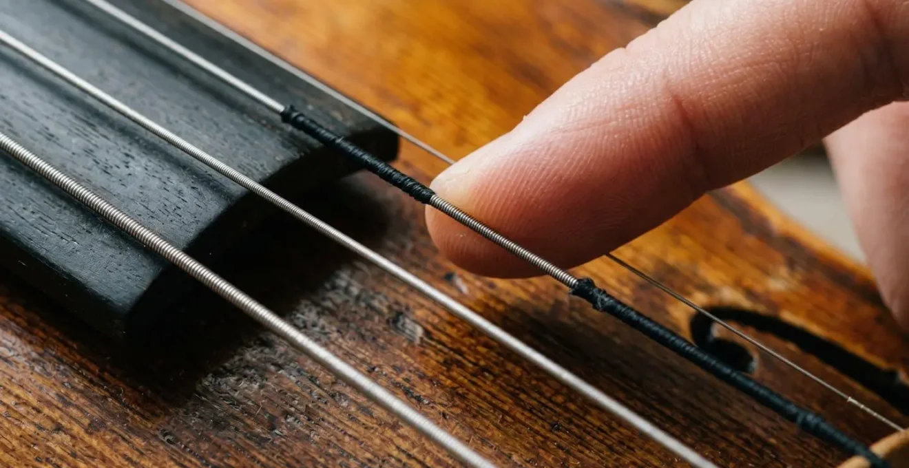 Macro close-up of violin strings with musician's fingers creating an intimate moment of musical connection