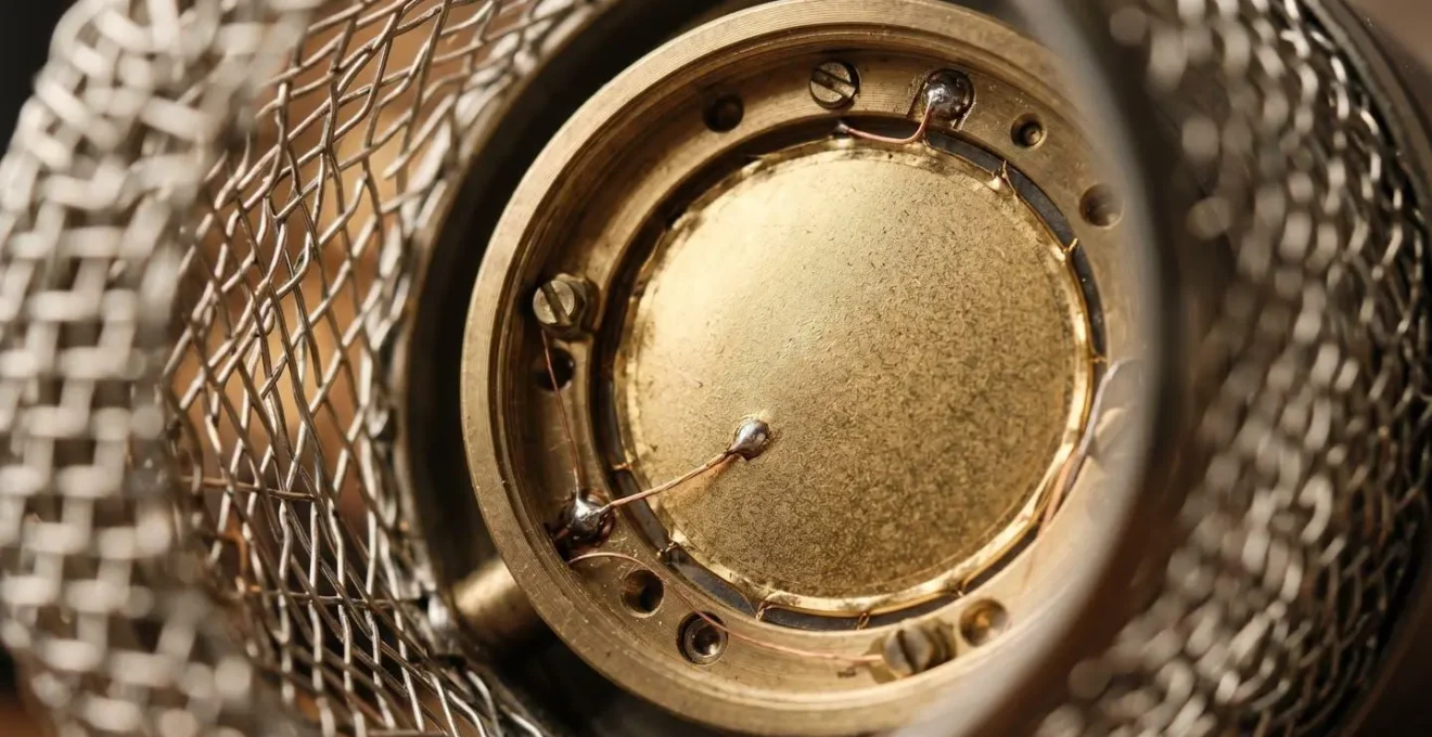 Extreme close-up macro detail of professional microphone capsule showing inspection criteria