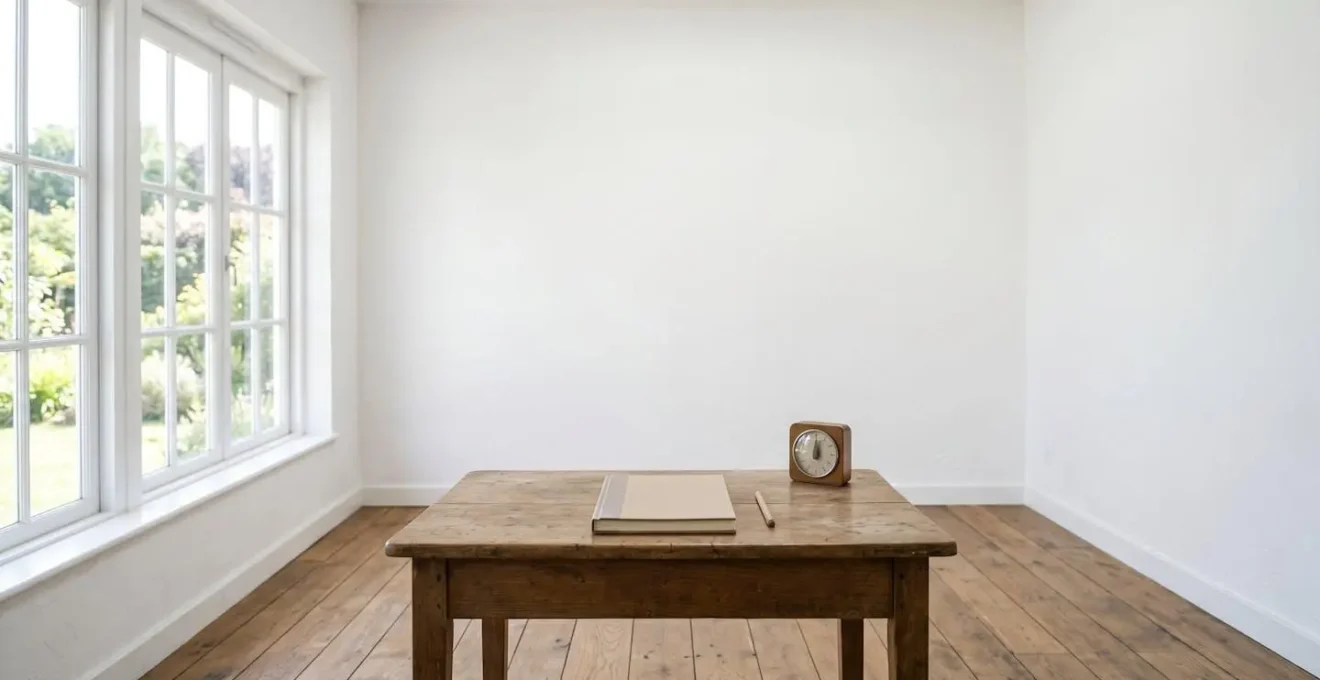 Environmental minimalist photograph of clean workspace symbolizing ruthless song editing