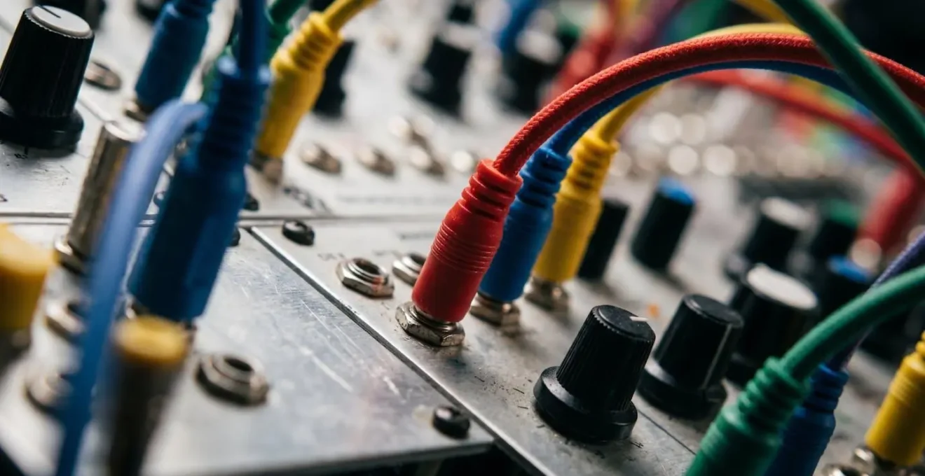 Close-up macro photograph of modular synthesizer patch cables and knobs representing signal flow in visual programming